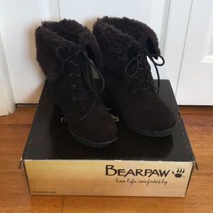 BEARPAW Brown Flatiron Sheepskin Leather Suede Wedge Boots